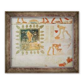 Tablou inramat - Egyptian 18th Dynasty - Pictura murala ilustrand doi barbati care colecteaza apa dintr-un lac patrat inconjurat de copaci si sclavi facand caramizi - - Roveli