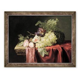 Tablou inramat - Willem van Aelst - O viata statica cu struguri, prune, smochine si un pepene galben pe o margine de piatra partial drapata - - Roveli