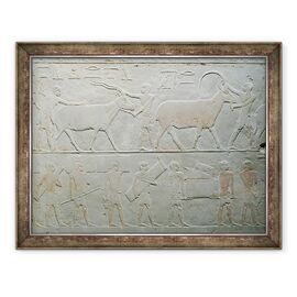 Tablou inramat - Egyptian 5th Dynasty - Servitori care conduc un oryx si o antilopa si altii care transporta bagaje, de la Mastaba Akhethotep, Saqqara, Vechiul Regat - - Roveli