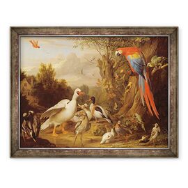 Tablou inramat - Jakob Bogdani - Un Macaw, rate, papagali si alte pasari intr-un peisaj - - Roveli