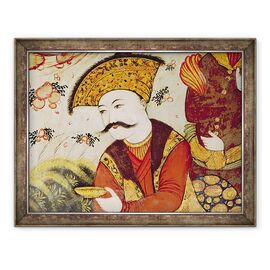 Tablou inramat - Scoala Persana - Shah Abbas I 1588-1629 si un curtean care ofera fructe si bauturi detaliu din 155563 aratand capul sahului - - Roveli