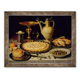 Tablou inramat - Clara Peeters - inca de viata cu o tarta, friptura de pui, paine - - Roveli