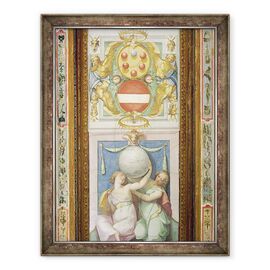 Tablou inramat - Scoala Italiana - Decorarea tavanului care prezinta doua figuri feminine care sustin un glob, mai sus este o reprezentare a stemului Medici - - Roveli