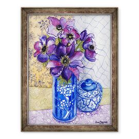 Tablou inramat - Joan Thewsey - Anemone intr-o vaza albastra si alba cu oala si textile 2012 - - Roveli