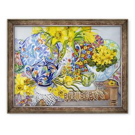 Tablou inramat - Joan Thewsey - Narcisele, ulcioare antice, farfurii, textile si dantela - - Roveli