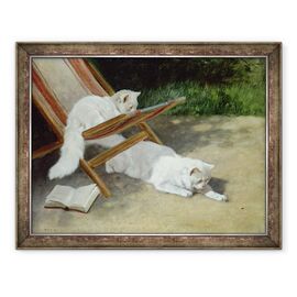 Tablou inramat - Arthur Heyer - Doua pisici albe persane cu o Ladybird de un sezlong - - Roveli