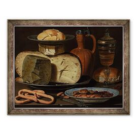 Tablou inramat - Clara Peeters - Natura moarta cu branzeturi, migdale si covrigei - - Roveli