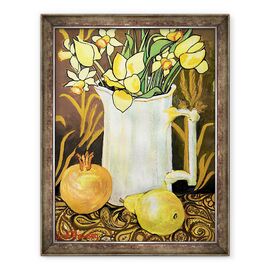 Tablou inramat - Joan Thewsey - Lalele si narcise intr-un ulcior alb, cu textile - - Roveli