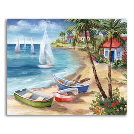 Tablou Canvas - Peisaj, Natura, Plaja, Mare, Valuri, Nisip, Barca, Palmieri, Vara - - Roveli