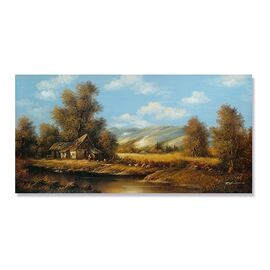 Tablou Canvas - Peisaj, Rau, Dealuri, Copaci, Ferma, Toamna, Marime: 50 x 100 cm - - Roveli