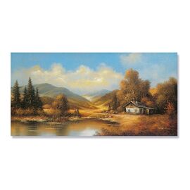 Tablou Canvas - Peisaj, Dealuri, Rau, Copaci, Casuta, Toamna, Marime: 50 x 100 cm - - Roveli