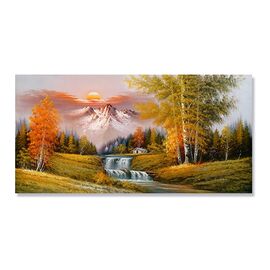Tablou Canvas - Peisaj, Cascada, Munte, Copaci, Casuta, Toamna, Apus de soare, Marime: 50 x 100 cm - - Roveli