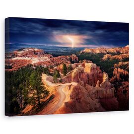 Tablou canvas - Fulger peste canionul Bryce, Peisaj, Portocaliu, Furtuna, Orizont, Marime: 80 x 120 cm - - Roveli