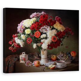 Tablou Canvas - Natura Moarta, Buchet, Natura Statica, Vaza, Floare, Fluxuri, Struguri, Marime: 60 x 75 cm - - Roveli