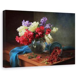 Tablou canvas - Natura moarta, Coacaze, Fructe De Padure, Flori - - Roveli