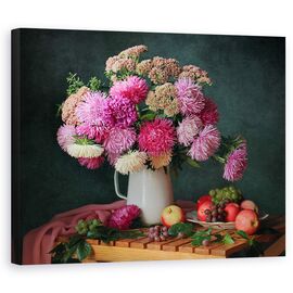 Tablou Canvas - Natura Moarta, Buchet, Flori,Mere, Fructe, Marime: 60 x 75 cm - - Roveli