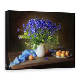 Tablou Canvas - Natura Moarta Cu Albastrea si Caisele, Blue, Buchet, Floare - - Roveli
