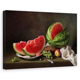Tablou canvas - Natura moarta cu pepene verde si struguri, Bucatarie, Rosu - - Roveli