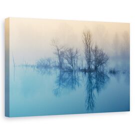Tablou canvas - Reflectie matinala, Peisaj, Lac, Ceata, Albastru, Marime: 80 x 120 cm - - Roveli