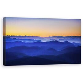 Tablou Canvas - Muntii Misty, Peisaj, Albastru, Seara, Apus De Soare, Ceata, Strat, Marime: 50 x 100 cm - - Roveli