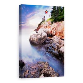 Tablou Canvas - Apus De Soare La Farul Bass Harbor, Rasarit De Soare, Peisaj Marin, Stanca, Roci, Albastru, Marime: 80 x 120 cm - - Roveli