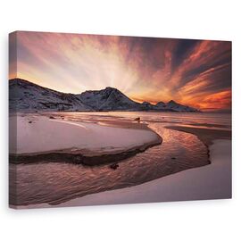 Tablou canvas - Apus de soare auriu, Peisaj, Apa, Rau, Munte, Marime: 80 x 120 cm - - Roveli