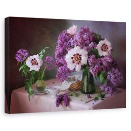 Tablou canvas - Natura moarta cu liliac si bujori, Violet, Flori - - Roveli