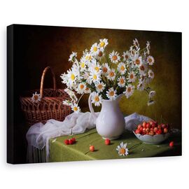 Tablou canvas - Natura moarta cu musetel, Margareta, Flori, Cirese - - Roveli