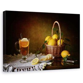 Tablou canvas - Natura moarta cu lamai, Ceai, Cana, Sticla - - Roveli