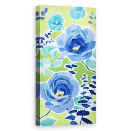 Tablou Canvas - Flori Albastre, Fundal Verde, Pictura, Marime: 50 x 100 cm - - Roveli