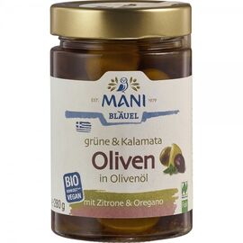 Masline verzi si Kalamata in ulei cu lamaie si oregano 280g Mani - - Roveli