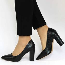 Pantofi de dama​ negri, din piele ecologica cu toc gros  608-51-BLACK, Marime (12): 35* - - Roveli