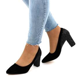 ​Pantofi dama, eleganti, din catifea cu toc gros, negri 968-1-BLK-BLK, Culoare (12): Negru, Marime (12): 36 - - Roveli