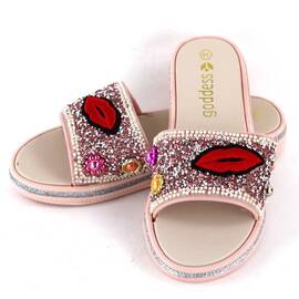 ​Papuci de dama decorati cu pietre 895-LIPS-PINK, Culoare (12): Roz, Marime (12): 37 - - Roveli