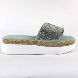 ​Papuci casual de dama, cu talpa groasa, decorati cu pietre WDI-318-L.GREEN, Culoare (12): Verde, Marime (12): 41 - - Roveli