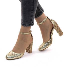 Sandale elegante de dama cu glitter, toc inalt si gros 8681-1-GOLD, Culoare (12): Auriu, Marime (12): 39 - - Roveli