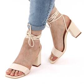 Sandale de dama, elegante, cu snururi si toc mediu, gros si patrat NN30-5-NUDE, Culoare (12): Nude, Marime (12): 40 - - Roveli