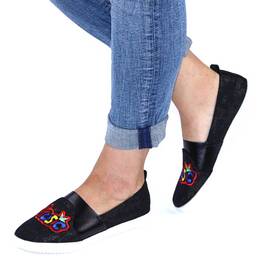 Espadrile de dama, din denim, brodate, cu banda elastica P208-1-BLACK, Culoare (12): Alb, Negru, Multicolor, Marime (12): 36 - - Roveli