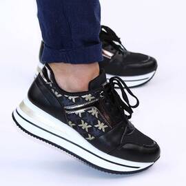 Sneakers casual de dama, cu platforma si insertii aurii 28706-BLACK, Culoare (12): Alb, Negru, Auriu, Bronz, Marime (12): 40* - - Roveli
