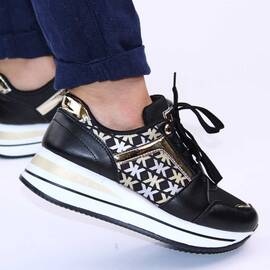​Sneakers casual de dama, cu platforma si insertii aurii 28706-BLACK/GOLD, Culoare (12): Alb, Negru + Gold, Marime (12): 37* - - Roveli
