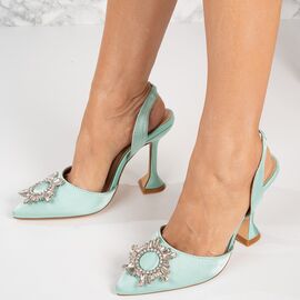 Roveli - Pantofi dama din satin cu toc asimetric si brosa Verzi Sienna, Culoare (12): Verde, Marime (12): 39-