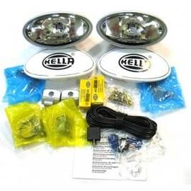 Set 2 proiectoare auto HELLA 12V bec H3 Universale cu cabluri, comutator si releu , tip FF 100 , cu lumina de drum - - Roveli