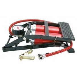 Pompa aer auto Carpoint de picior dubla cu 2 cilindri si manometru , 7 bar 100psi, model Rosu - - Roveli