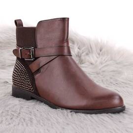 Botine de dama, cu talpa joasa, decorate cu pietre si barete SH526-BROWN, Culoare (12): Maro, Marime (12): 38 - - Roveli