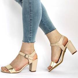 ​Sandale de dama bej cu toc gros si bareta aurie M-31-BEIGE, Marime (12): 37* - - Roveli