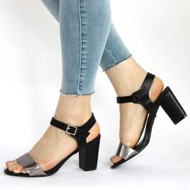 Sandale de dama negre cu toc gros si bareta argintie M-31-BLACK, Marime (12): 36* - - Roveli