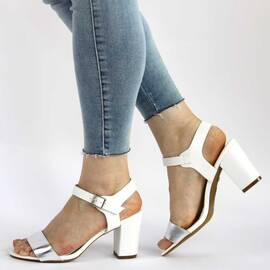 Sandale de dama albe cu toc gros si bareta argintie M-31-WHITE, Marime (12): 36* - - Roveli