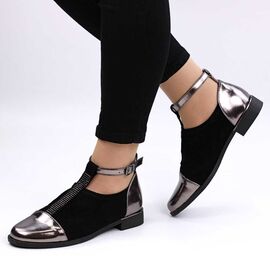 Roveli - ​Pantofi de dama , comozi , din material elastic , cu banda accesorizata XO-719-PLOMO, Culoare (12): Negru, Bronz, Marime (12): 38**-