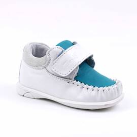 Pantofi " PRIMII PASI ", din piele naturala , moi si usori 369-ALB/TURCOAZ, Culoare (12): Alb, Bleu, Marime (12): 21 - - Roveli