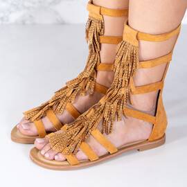 Sandale dama cu talpa joasa cu franjuri din piele ecologica Maro Siani, Culoare (12): Maro, Marime (12): 41 - - Roveli